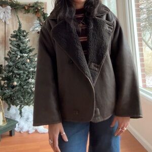 ZARA DOUBLE-FACED BROWN FAUX SHEARLING LEATHER EFFECT AVIATOR JACKET.  SIZE M